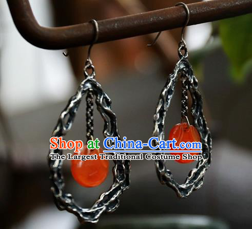 China Handmade Agate Ear Accessories National Silver Jewelry Traditional Ancient Qing Dynasty Palace Lady Earrings