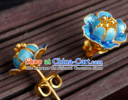 Handmade Chinese Traditional Cheongsam Ear Accessories Enamel Blue Peony Earrings Jewelry