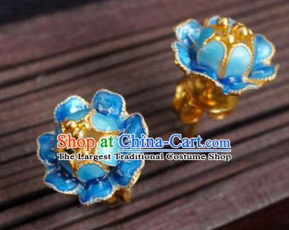 Handmade Chinese Traditional Cheongsam Ear Accessories Enamel Blue Peony Earrings Jewelry