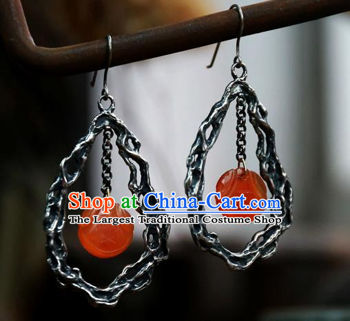 China Handmade Agate Ear Accessories National Silver Jewelry Traditional Ancient Qing Dynasty Palace Lady Earrings