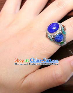 China Ancient Court Woman Lapis Ring Accessories Traditional Qing Dynasty Empress Silver Circlet Jewelry