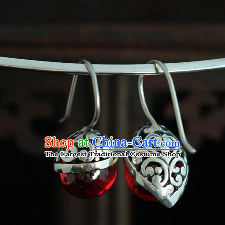 Handmade Chinese Cheongsam Garnet Ear Accessories Traditional Silver Earrings Jewelry