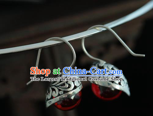 Handmade Chinese Cheongsam Garnet Ear Accessories Traditional Silver Earrings Jewelry