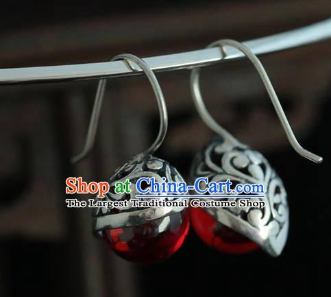 Handmade Chinese Cheongsam Garnet Ear Accessories Traditional Silver Earrings Jewelry