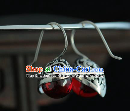 Handmade Chinese Cheongsam Garnet Ear Accessories Traditional Silver Earrings Jewelry