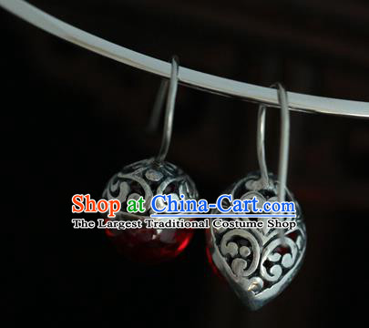 Handmade Chinese Cheongsam Garnet Ear Accessories Traditional Silver Earrings Jewelry