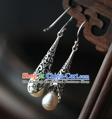 Handmade Chinese Ear Accessories Traditional Silver Carving Earrings Cheongsam Pearl Jewelry