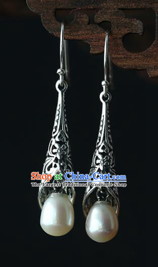 Handmade Chinese Ear Accessories Traditional Silver Carving Earrings Cheongsam Pearl Jewelry