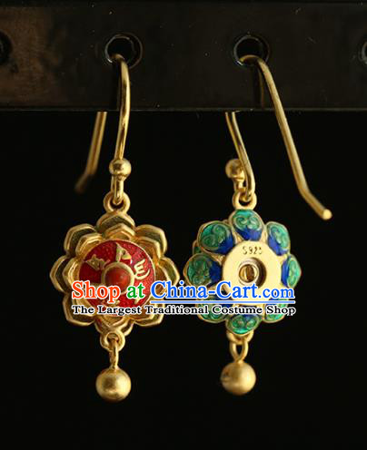 Handmade Chinese Enamel Red Ear Accessories Cheongsam Silver Earrings Traditional Buddhism Mantra Jewelry