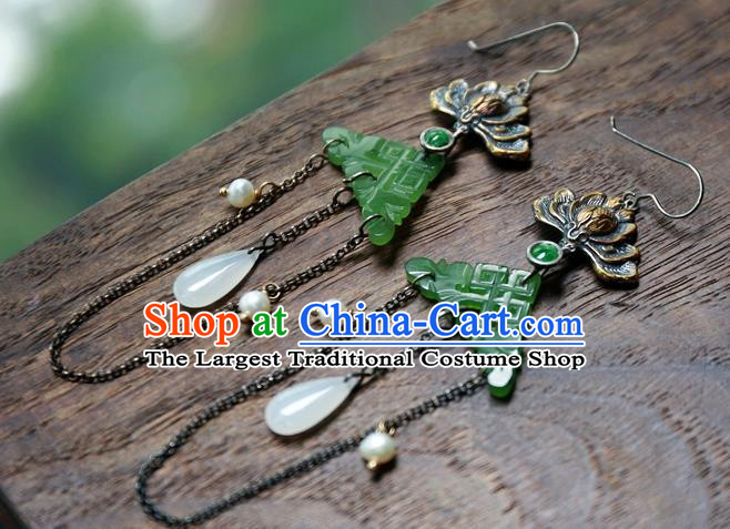 China National Carving Lotus Jewelry Handmade Jade Ear Accessories Traditional Ancient Qing Dynasty Earrings