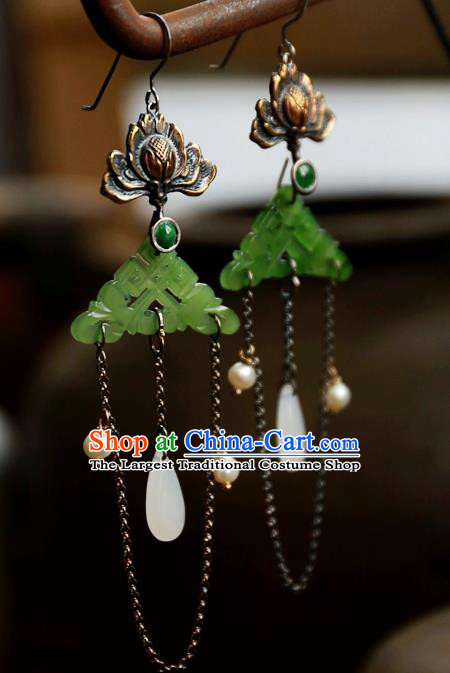 China National Carving Lotus Jewelry Handmade Jade Ear Accessories Traditional Ancient Qing Dynasty Earrings