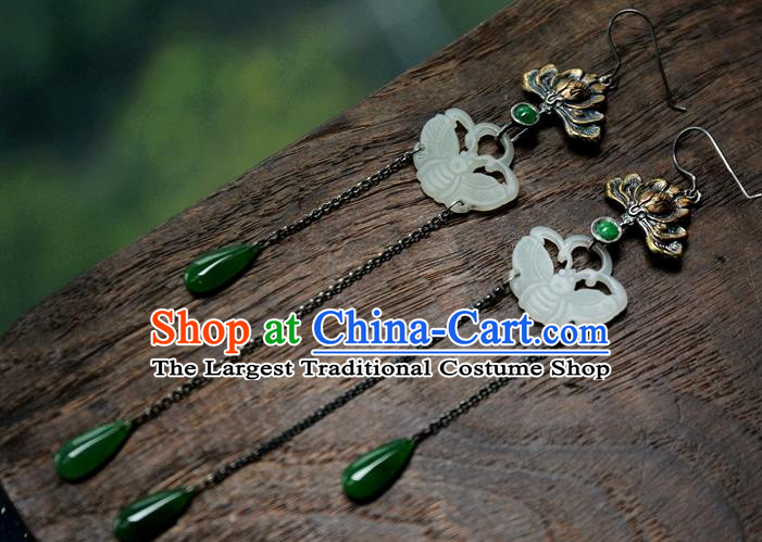 China National Jewelry Handmade Carving Lotus Ear Accessories Traditional Ancient Qing Dynasty White Jade Butterfly Earrings
