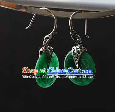 Handmade Chinese Cheongsam Green Jade Carving Earrings Traditional Silver Ear Jewelry Accessories