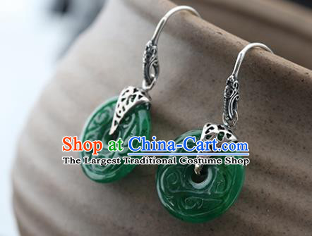 Handmade Chinese Cheongsam Green Jade Carving Earrings Traditional Silver Ear Jewelry Accessories