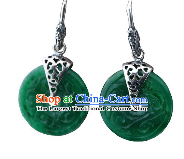 Handmade Chinese Cheongsam Green Jade Carving Earrings Traditional Silver Ear Jewelry Accessories