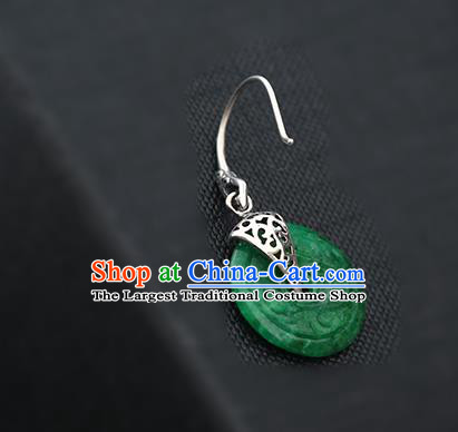 Handmade Chinese Cheongsam Green Jade Carving Earrings Traditional Silver Ear Jewelry Accessories