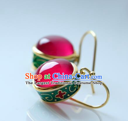 Handmade Chinese Enamel Earrings Traditional Ear Jewelry Red Corundum Accessories
