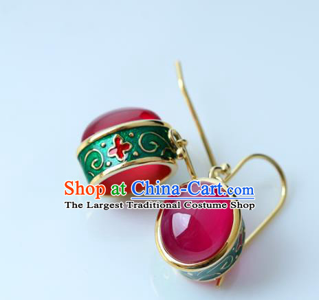 Handmade Chinese Enamel Earrings Traditional Ear Jewelry Red Corundum Accessories