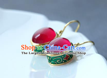 Handmade Chinese Enamel Earrings Traditional Ear Jewelry Red Corundum Accessories