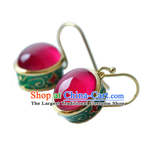 Handmade Chinese Enamel Earrings Traditional Ear Jewelry Red Corundum Accessories