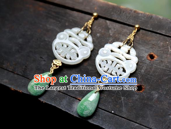China Ancient Qing Dynasty White Jade Earrings National Jewelry Traditional Handmade Ear Accessories