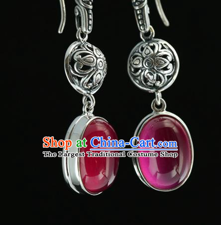 Handmade Chinese Traditional Silver Carving Ear Jewelry Eardrop Accessories Red Corundum Earrings