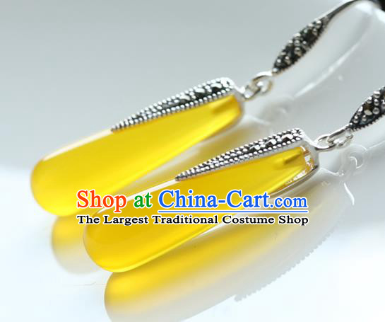 Handmade Chinese Traditional Canary Stone Ear Jewelry Classical Cheongsam Silver Bamboo Leaf Earrings Eardrop Accessories