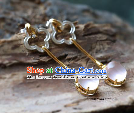 Handmade Chinese Pink Chalcedony Eardrop Accessories Classical Cheongsam Earrings Traditional Rose Quartz Ear Jewelry