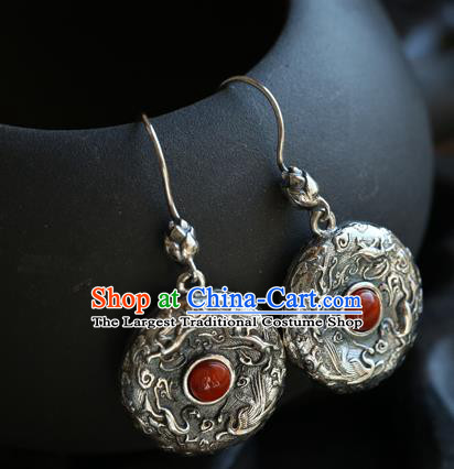Handmade Chinese Nanjiang Carnelian Eardrop Accessories Classical Cheongsam Earrings Traditional Silver Carving Ear Jewelry