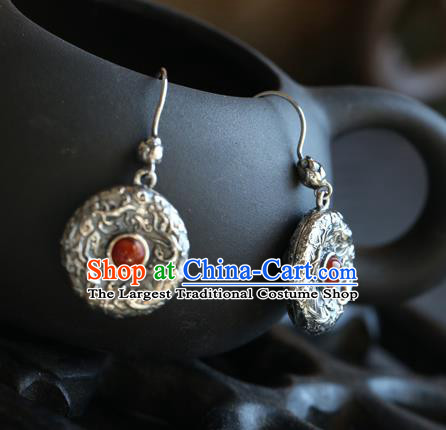 Handmade Chinese Nanjiang Carnelian Eardrop Accessories Classical Cheongsam Earrings Traditional Silver Carving Ear Jewelry