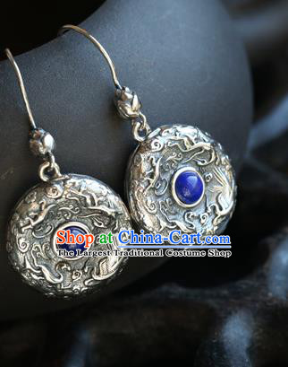 Handmade Chinese Traditional Silver Carving Ear Jewelry Classical Cheongsam Earrings Lapis Eardrop Accessories