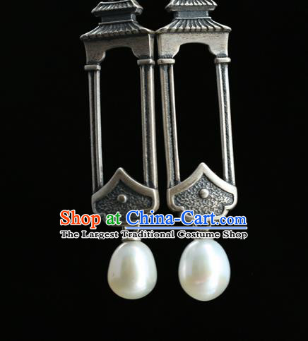 Handmade Chinese Traditional Pearl Ear Jewelry Eardrop Accessories Silver Carving Palace Earrings
