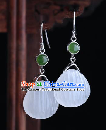 Handmade Chinese Silver Jade Eardrop Classical Cheongsam Carving Quartz Earrings Accessories Traditional Ear Jewelry