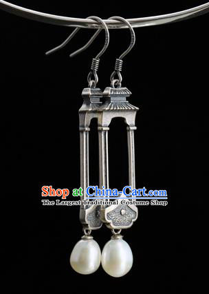 Handmade Chinese Traditional Pearl Ear Jewelry Eardrop Accessories Silver Carving Palace Earrings
