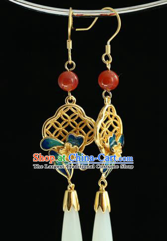 Handmade Chinese Traditional Hetian Jade Ear Jewelry Eardrop Accessories Palace Blueing Flower Earrings