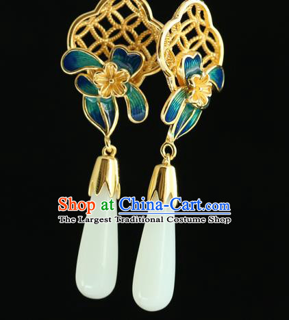 Handmade Chinese Traditional Hetian Jade Ear Jewelry Eardrop Accessories Palace Blueing Flower Earrings