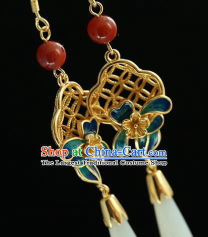 Handmade Chinese Traditional Hetian Jade Ear Jewelry Eardrop Accessories Palace Blueing Flower Earrings