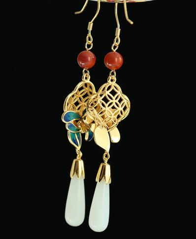 Handmade Chinese Traditional Hetian Jade Ear Jewelry Eardrop Accessories Palace Blueing Flower Earrings