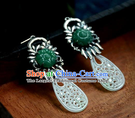 China National Wedding Silver Jewelry Ancient Qing Dynasty Earrings Traditional Handmade Jade Carving Ear Accessories