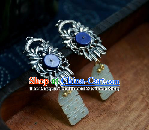 China National Wedding Jade Carving Jewelry Ancient Qing Dynasty Earrings Traditional Handmade Ear Accessories