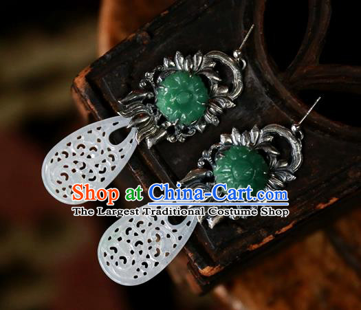China National Wedding Silver Jewelry Ancient Qing Dynasty Earrings Traditional Handmade Jade Carving Ear Accessories