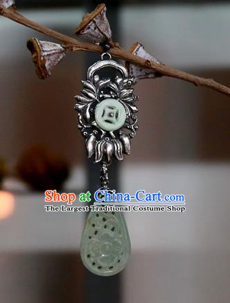 China National Silver Lotus Jewelry Ancient Qing Dynasty Earrings Traditional Handmade Green Jade Ear Accessories