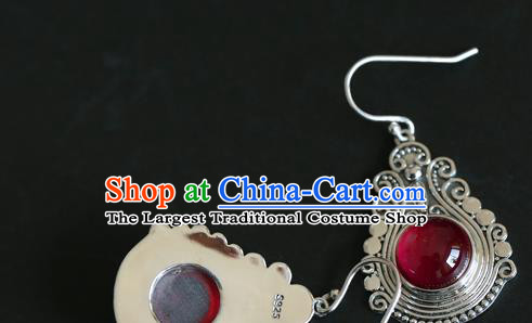 Handmade Chinese Traditional Red Corundum Ear Jewelry Eardrop Accessories Classical Silver Earrings