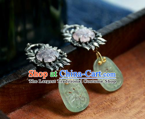 China National Rose Quartz Jewelry Handmade Jade Ear Accessories Traditional Cheongsam Silver Earrings