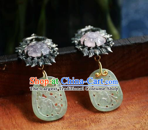 China National Rose Quartz Jewelry Handmade Jade Ear Accessories Traditional Cheongsam Silver Earrings