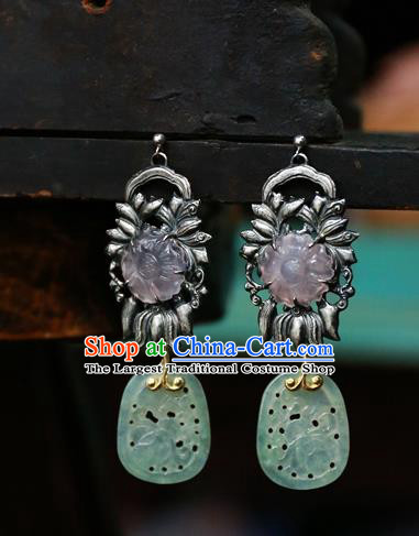 China National Rose Quartz Jewelry Handmade Jade Ear Accessories Traditional Cheongsam Silver Earrings