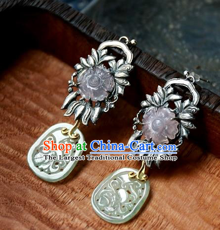 China National Rose Quartz Jewelry Handmade Jade Ear Accessories Traditional Cheongsam Silver Earrings