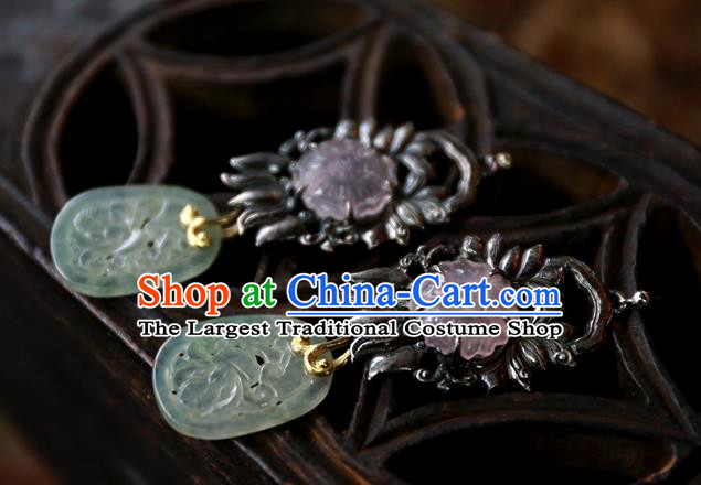 China National Rose Quartz Jewelry Handmade Jade Ear Accessories Traditional Cheongsam Silver Earrings