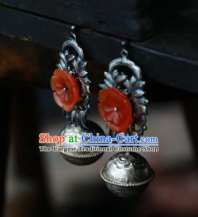 China Handmade Ear Accessories Traditional Cheongsam Red Flower Earrings National Silver Carving Ball Jewelry