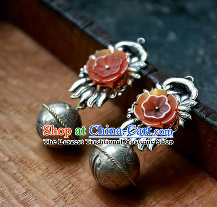 China Handmade Ear Accessories Traditional Cheongsam Red Flower Earrings National Silver Carving Ball Jewelry